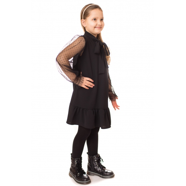 Elegancka czarna sukienka z wiązaniem, rękaw tiul 1